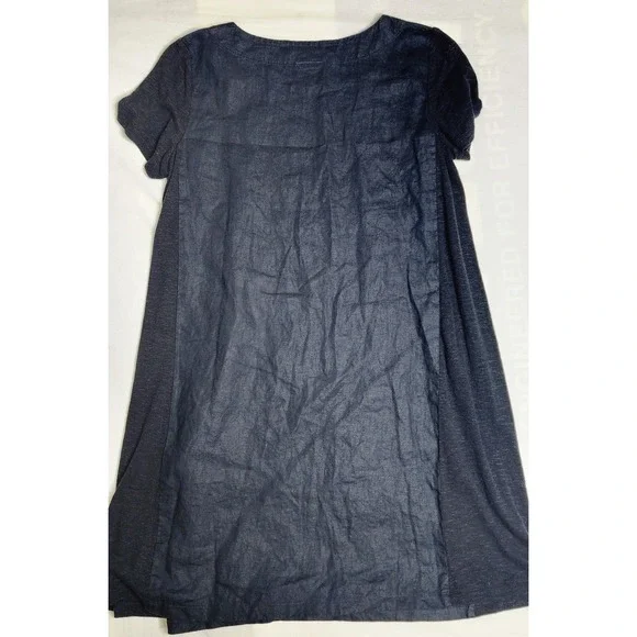 Pure Jill Petite M Black/Blue‎ Linen Blend Dress Short Sleeve Summer Tropical - Picture 3 of 4